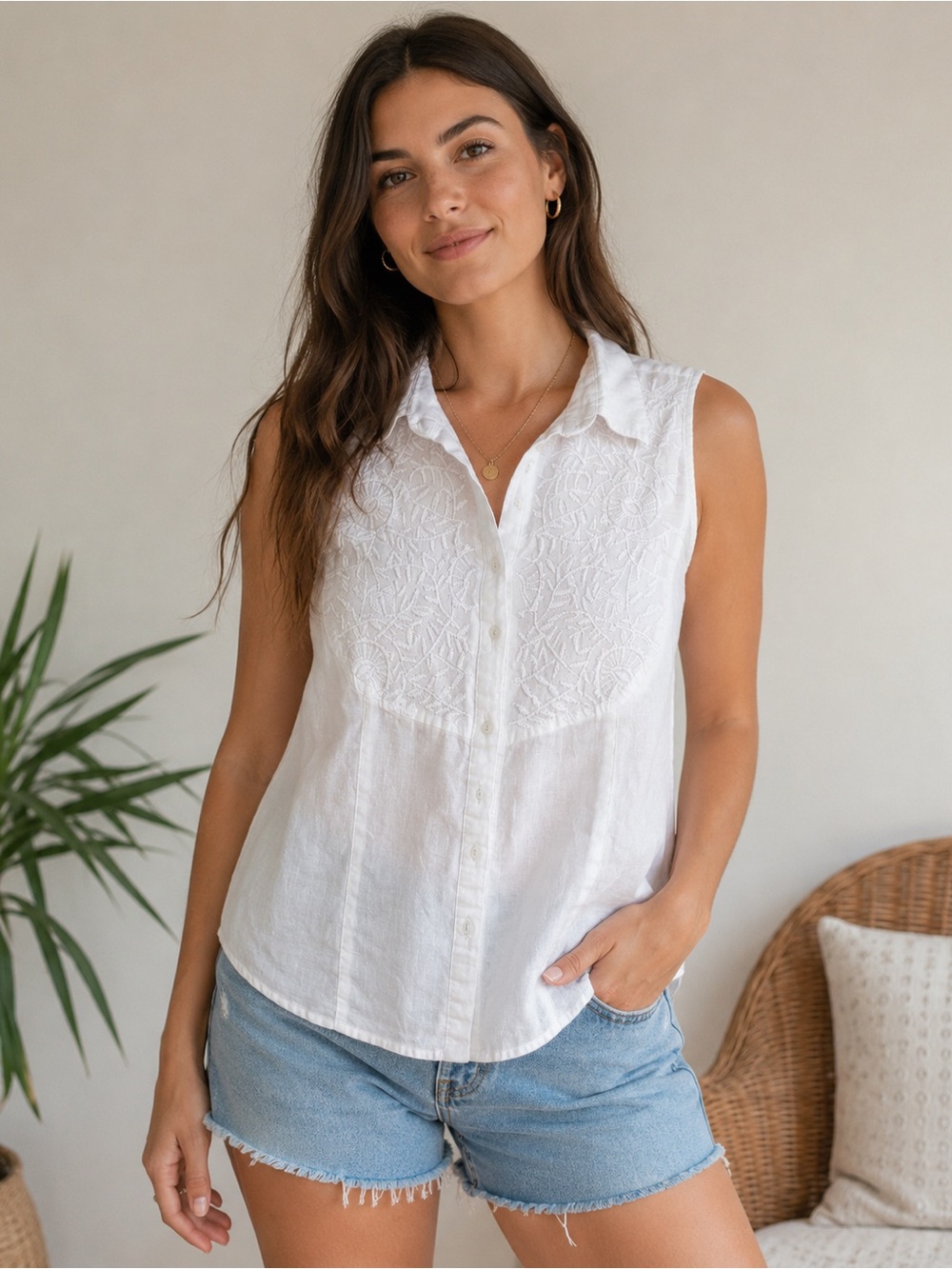 Tweeds White 100% Linen Embroidered Sleeveless Button Front Top Size L